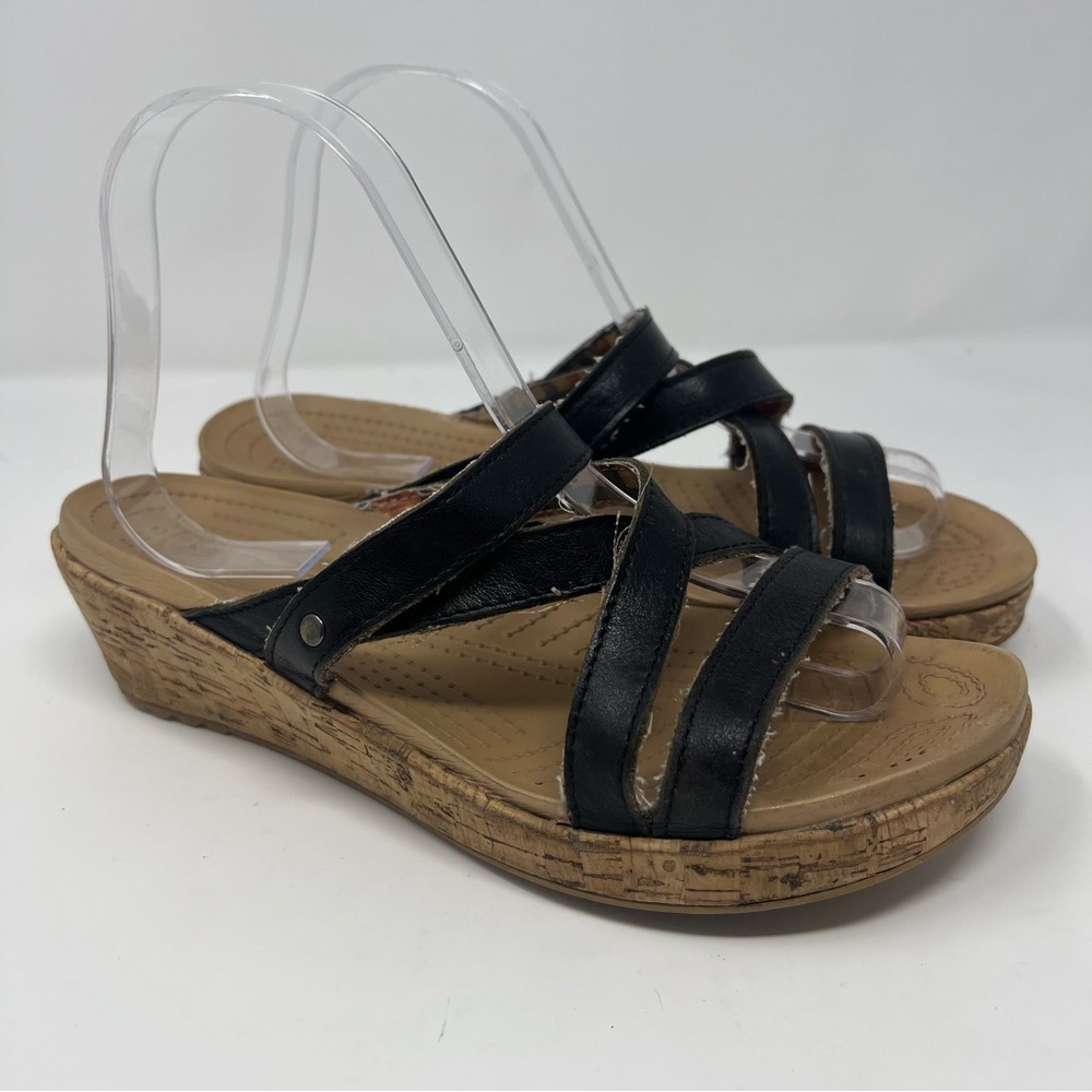 Crocs Womens A Leigh Cork  Wedge Leather Strappy Sandals Black Size 8